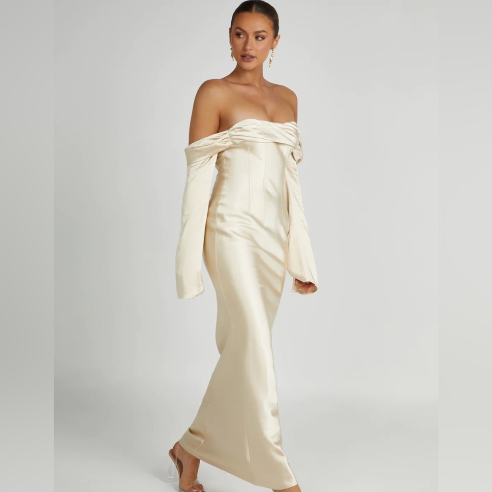 MESHKI Off Shoulder Cowl Neck Maxi Dress - Gold